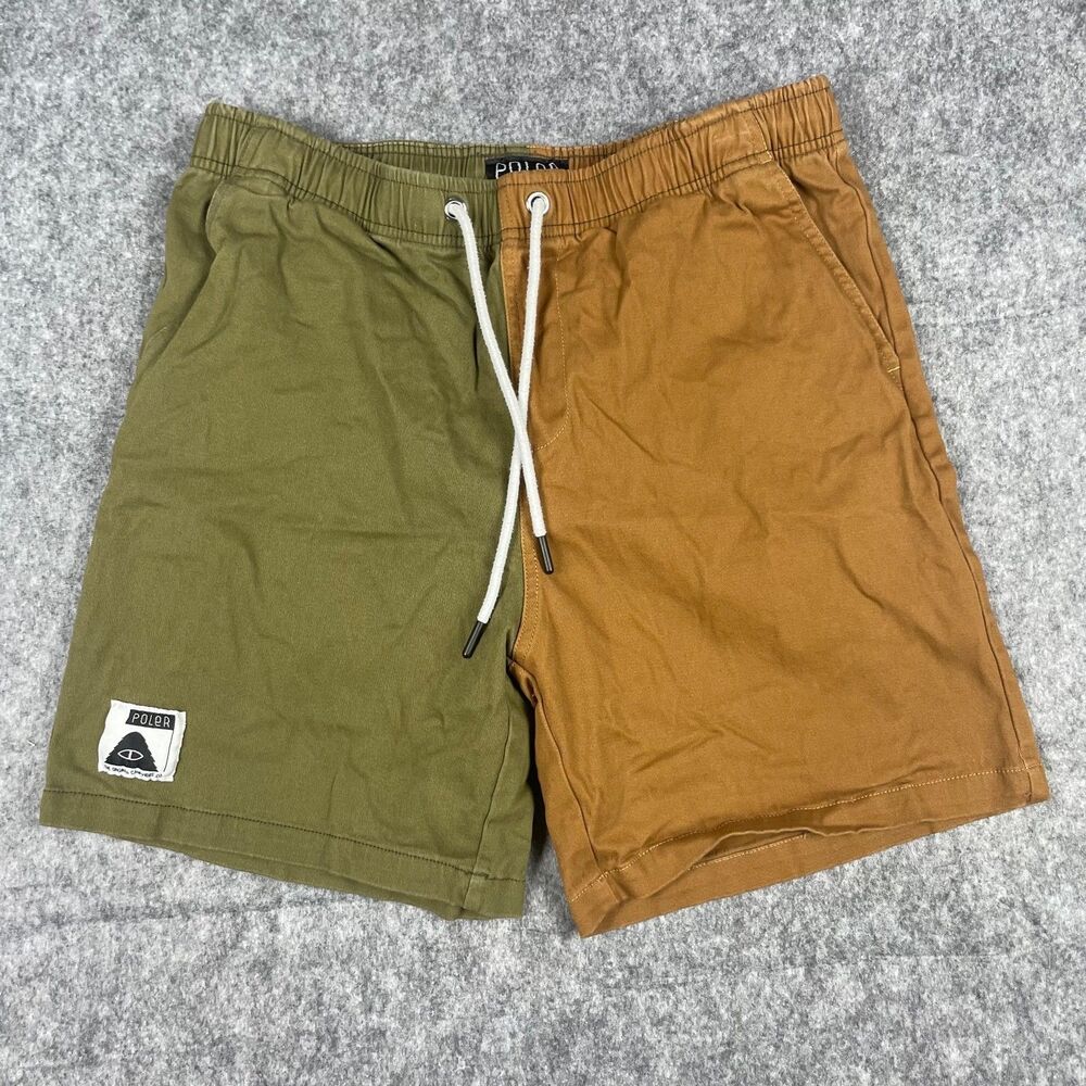 Poler Two Tone Split Shorts Green Brown Medium Drawstring Elastic‎ Waist Pockets